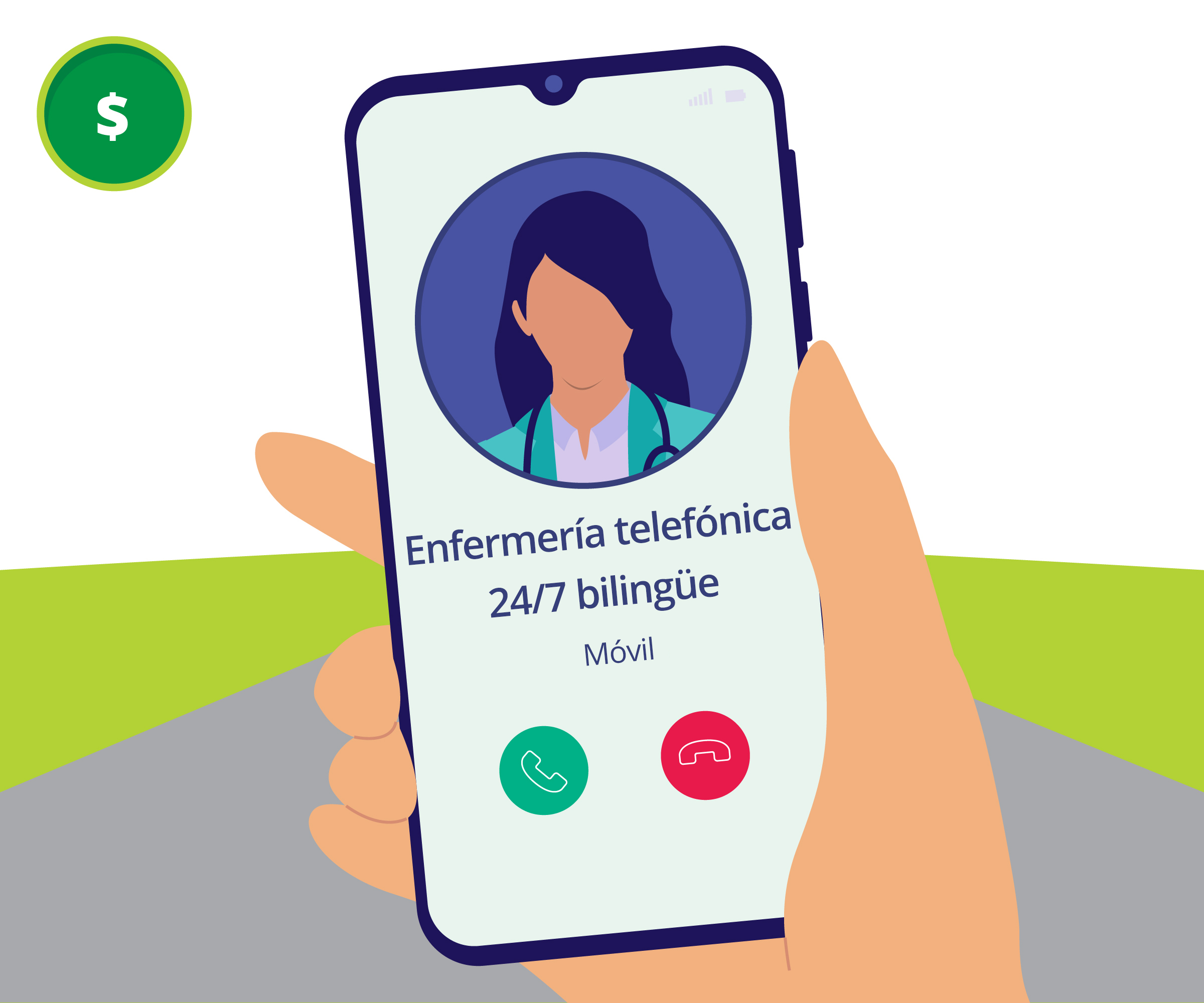 Ilustración de un ícono que muestra una llamada en vivo con la línea de enfermería telefónica 24/7 bilingüe