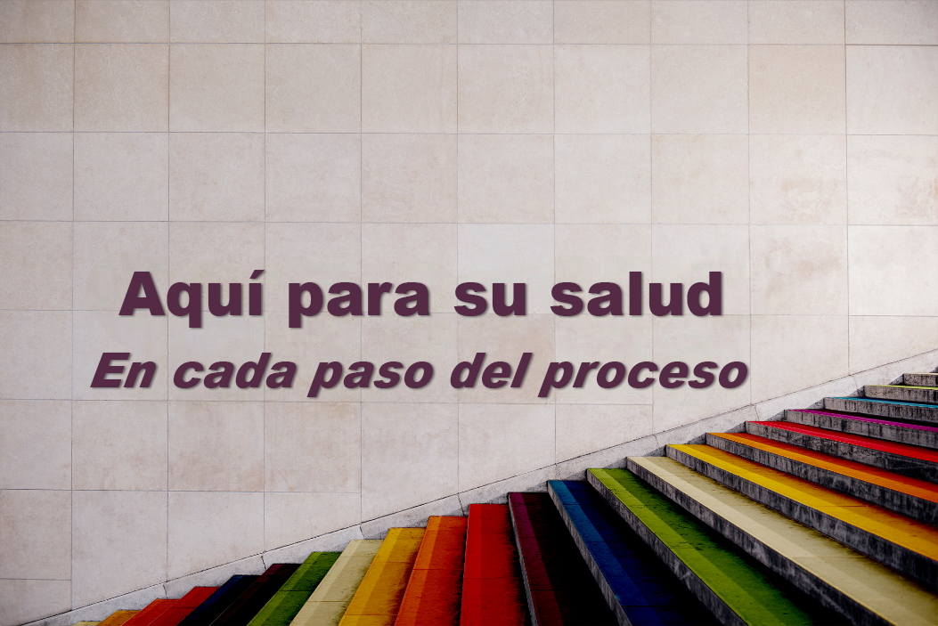 2026 Imagen del anuncio de Solicitud de cobertura de verano: unas escaleras de colores con el texto “aquí para su salud, en cada paso del proceso”